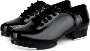 WUIWUIYU Unisex Children Kids Black Tap Dance Shoes Lace-Up Heels Split Sole Jazz Dancing Shoes for Boys Girls