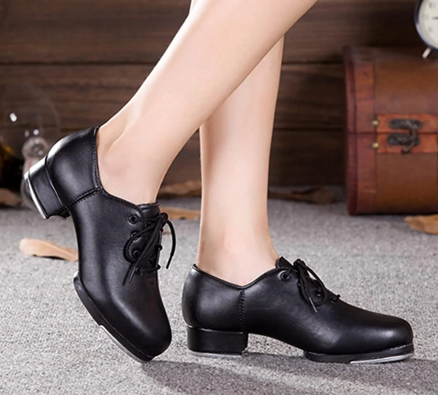 WUIWUIYU Unisex Children Kids Black Tap Dance Shoes Lace-Up Heels Split Sole Jazz Dancing Shoes for Boys Girls
