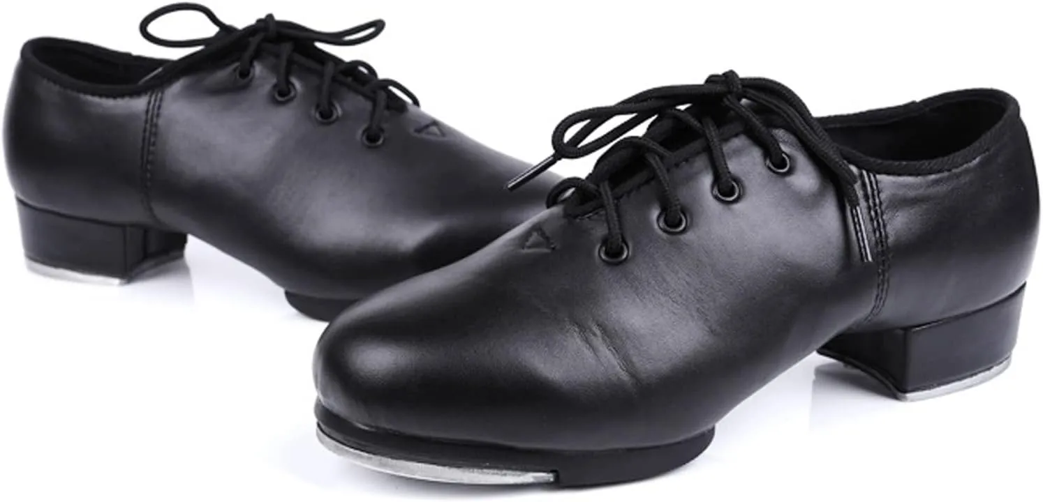 WUIWUIYU Unisex Children Kids Black Tap Dance Shoes Lace-Up Heels Split Sole Jazz Dancing Shoes for Boys Girls