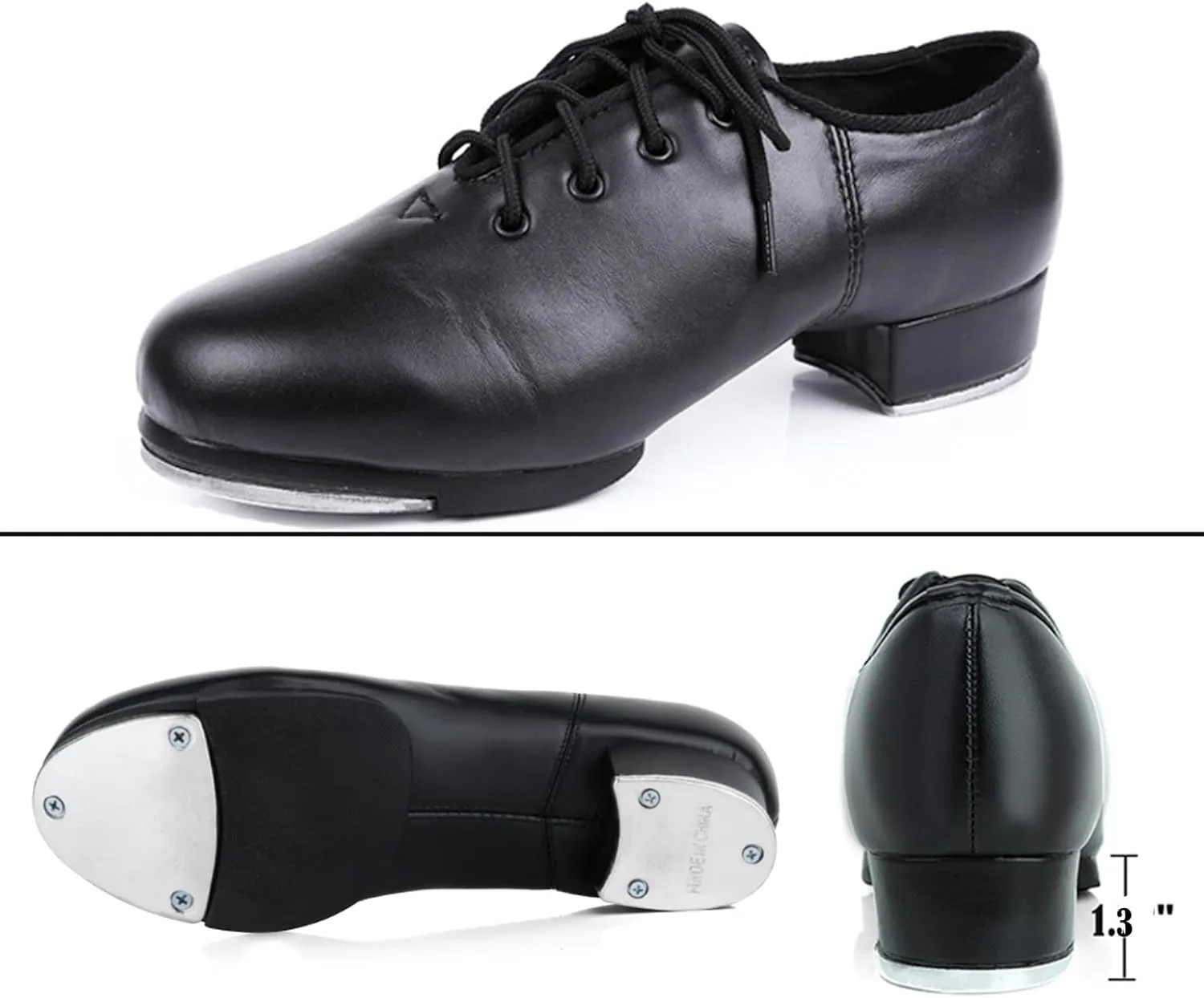 WUIWUIYU Unisex Children Kids Black Tap Dance Shoes Lace-Up Heels Split Sole Jazz Dancing Shoes for Boys Girls