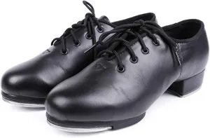 WUIWUIYU Unisex Children Kids Black Tap Dance Shoes Lace-Up Heels Split Sole Jazz Dancing Shoes for Boys Girls