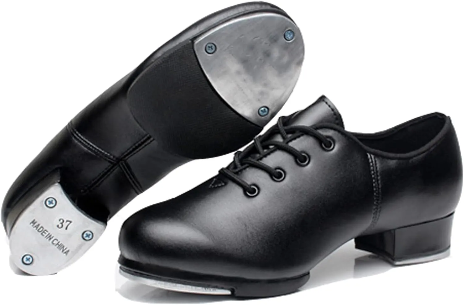 WUIWUIYU Unisex Children Kids Black Tap Dance Shoes Lace-Up Heels Split Sole Jazz Dancing Shoes for Boys Girls