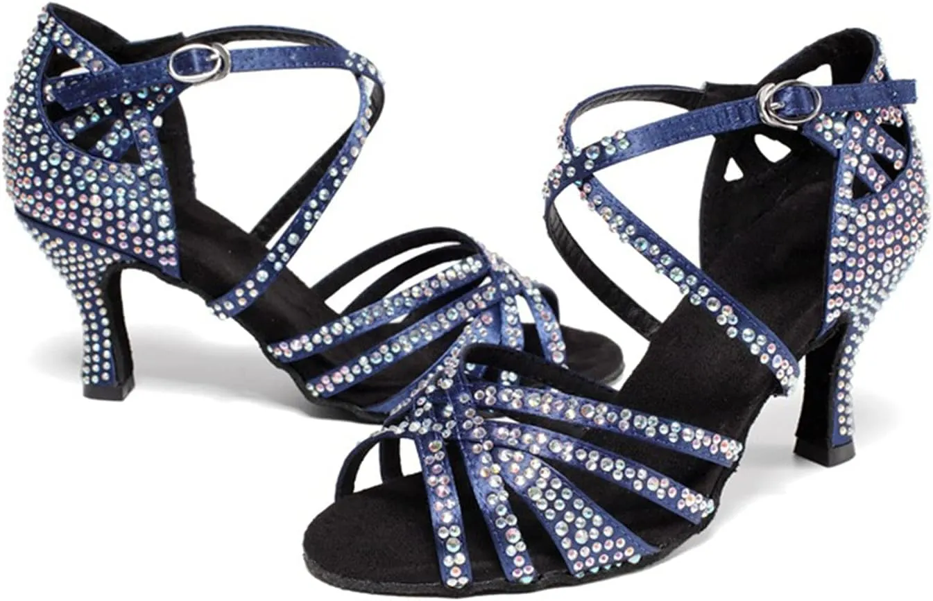 Wygwlg Women Latin Dance Shoe, with Rhinestones Ladies Party Practice Performance Dance Shoes, Salsa Dancing Heels (Color : Blue 7.5cm, Size : 8)