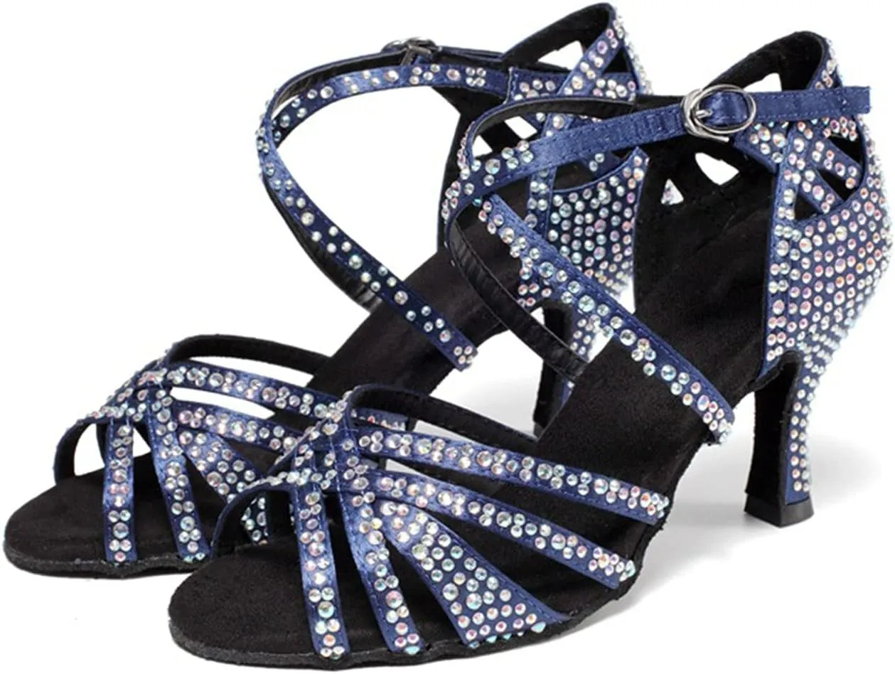 Wygwlg Women Latin Dance Shoe, with Rhinestones Ladies Party Practice Performance Dance Shoes, Salsa Dancing Heels (Color : Blue 7.5cm, Size : 8)