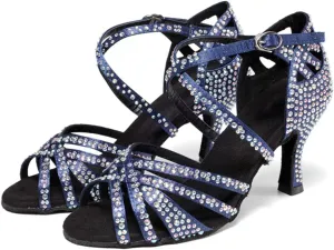 Wygwlg Women Latin Dance Shoe, with Rhinestones Ladies Party Practice Performance Dance Shoes, Salsa Dancing Heels (Color : Blue 7.5cm, Size : 8)