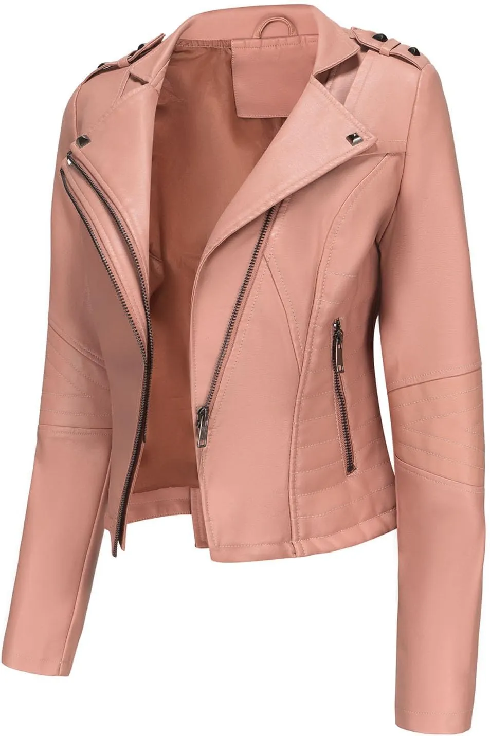 XUNRYAN Women's Faux Leather Moto Biker Short Coat Jacket Slim Fit Double Notch Lapel Zip Up Jacket Cropped Trench Coat