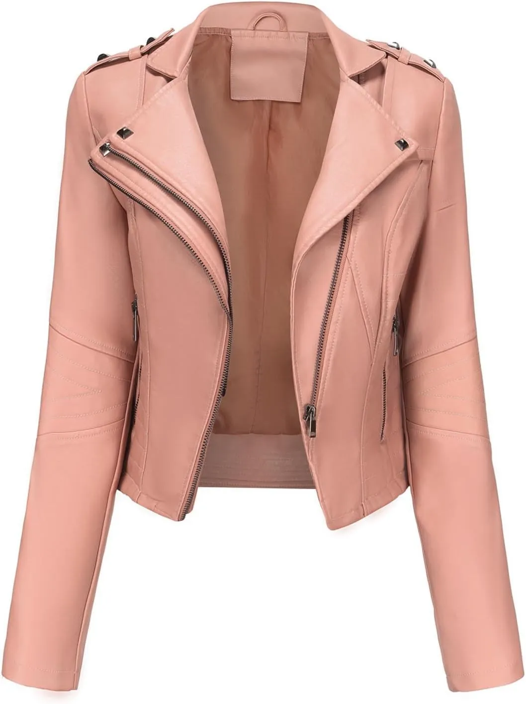 XUNRYAN Women's Faux Leather Moto Biker Short Coat Jacket Slim Fit Double Notch Lapel Zip Up Jacket Cropped Trench Coat