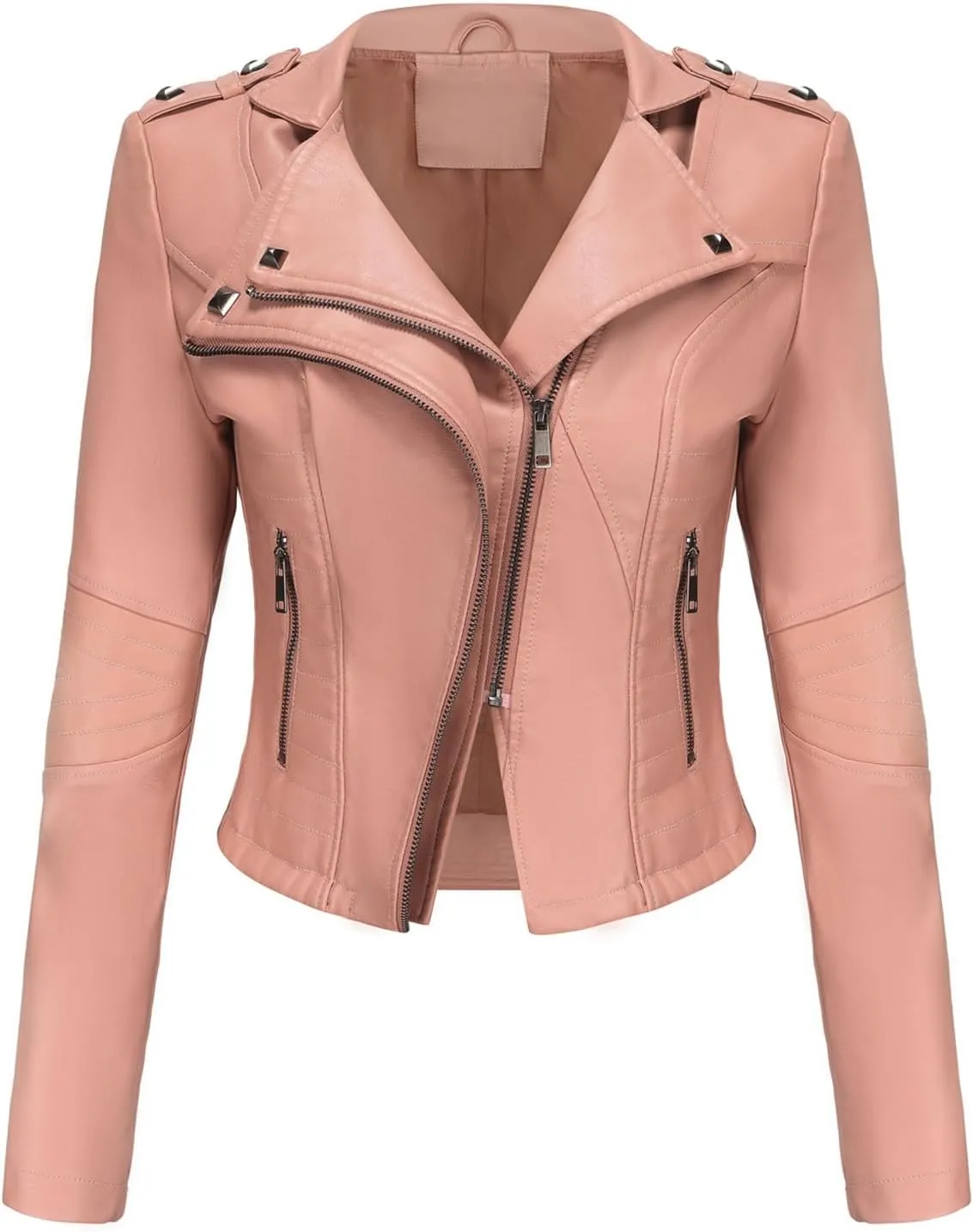 XUNRYAN Women's Faux Leather Moto Biker Short Coat Jacket Slim Fit Double Notch Lapel Zip Up Jacket Cropped Trench Coat