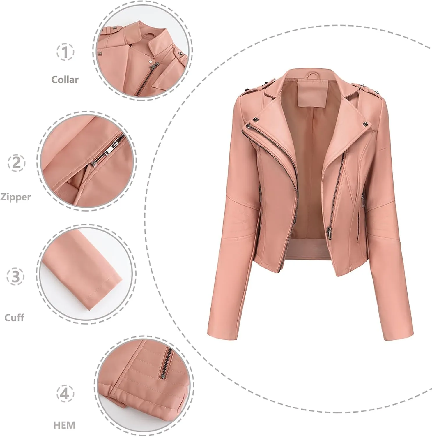 XUNRYAN Women's Faux Leather Moto Biker Short Coat Jacket Slim Fit Double Notch Lapel Zip Up Jacket Cropped Trench Coat