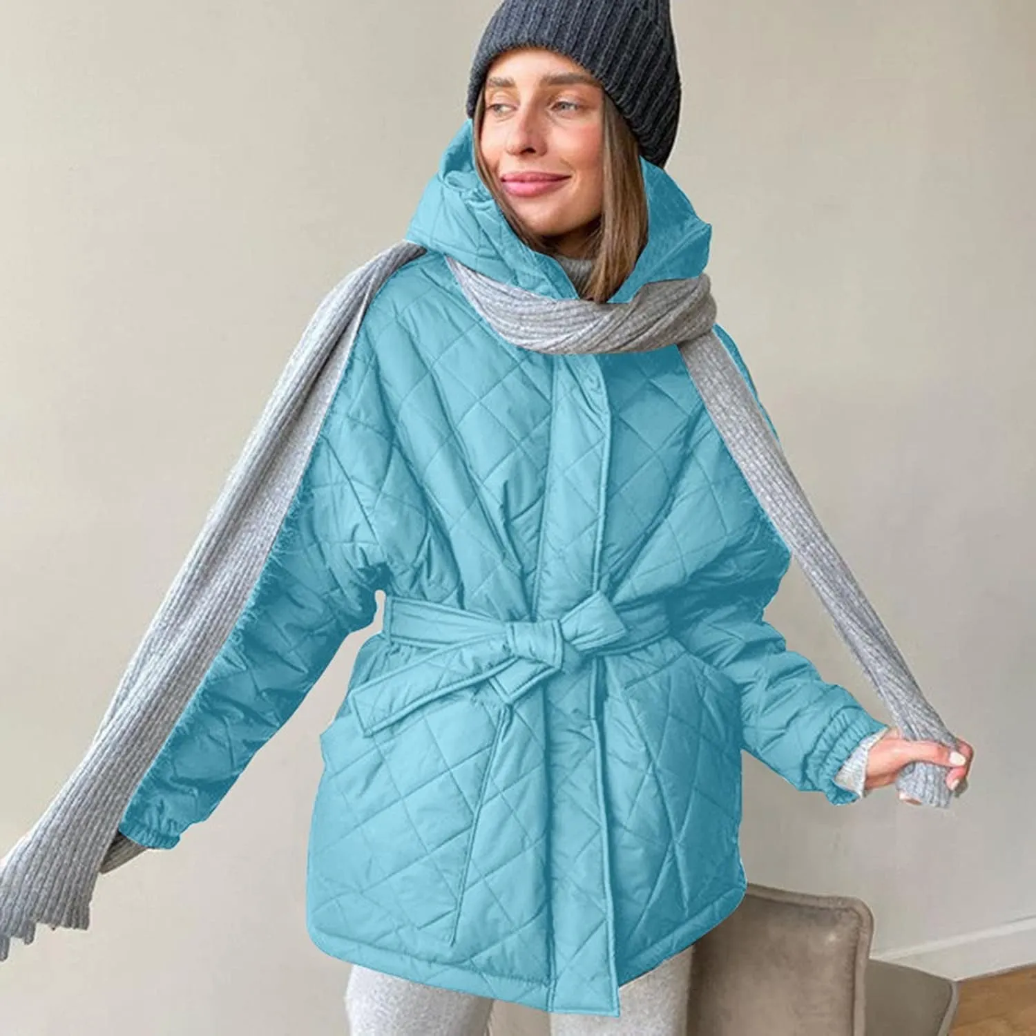 XUNRYAN Womens Quilted Lightweight Jackets Fashion Winter Warm Down Coats Puffer Parka Kimono Coat Anoraks Outerwear w Belt