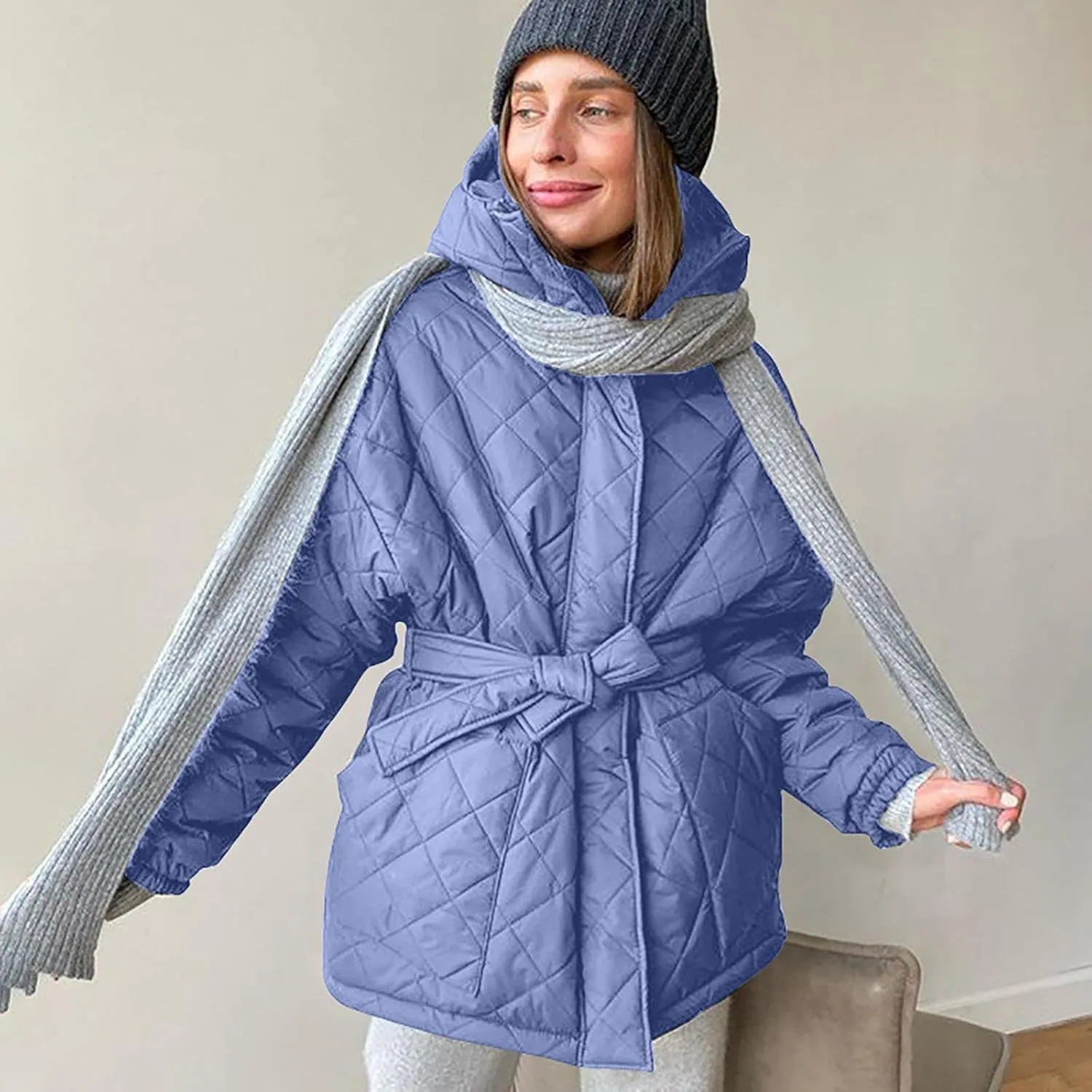 XUNRYAN Womens Quilted Lightweight Jackets Fashion Winter Warm Down Coats Puffer Parka Kimono Coat Anoraks Outerwear w Belt