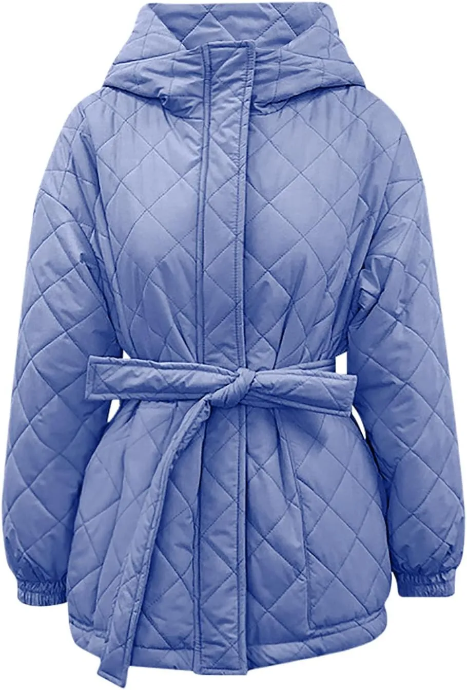 XUNRYAN Womens Quilted Lightweight Jackets Fashion Winter Warm Down Coats Puffer Parka Kimono Coat Anoraks Outerwear w Belt