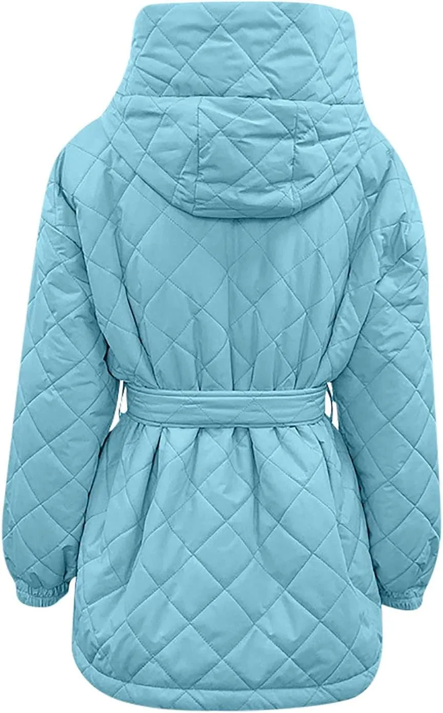 XUNRYAN Womens Quilted Lightweight Jackets Fashion Winter Warm Down Coats Puffer Parka Kimono Coat Anoraks Outerwear w Belt