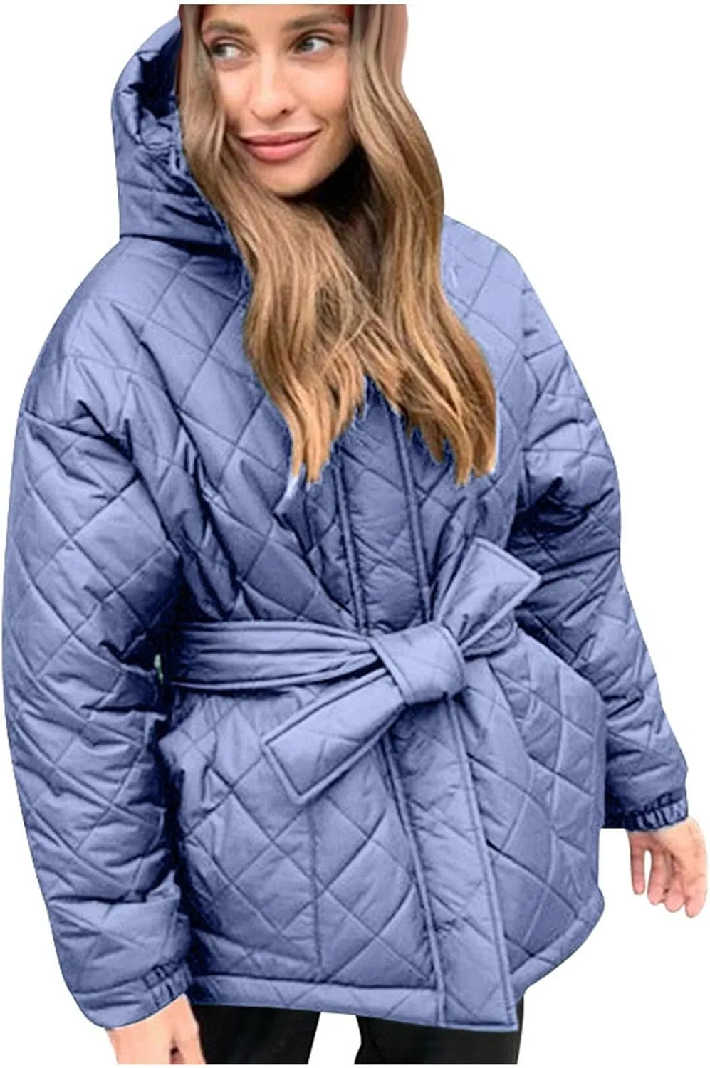XUNRYAN Womens Quilted Lightweight Jackets Fashion Winter Warm Down Coats Puffer Parka Kimono Coat Anoraks Outerwear w Belt
