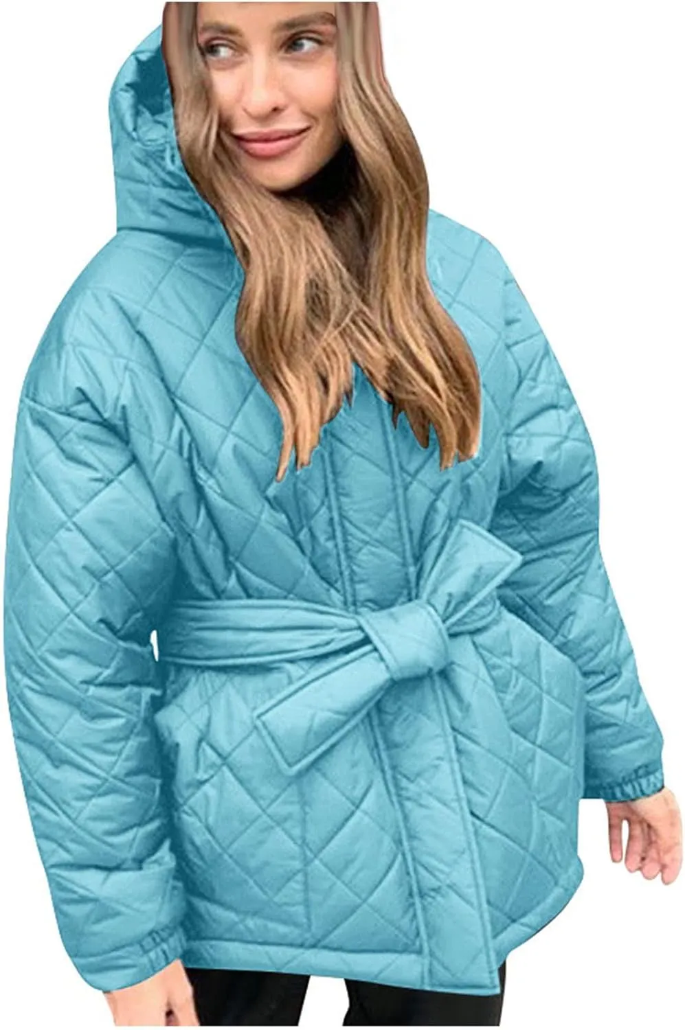 XUNRYAN Womens Quilted Lightweight Jackets Fashion Winter Warm Down Coats Puffer Parka Kimono Coat Anoraks Outerwear w Belt