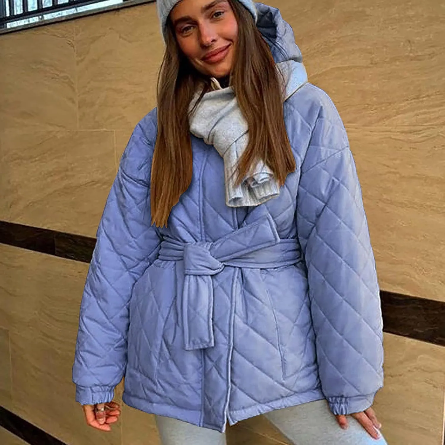 XUNRYAN Womens Quilted Lightweight Jackets Fashion Winter Warm Down Coats Puffer Parka Kimono Coat Anoraks Outerwear w Belt