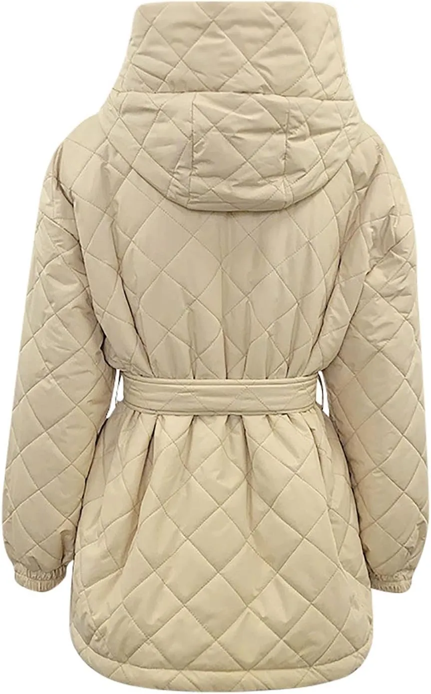 XUNRYAN Womens Quilted Lightweight Jackets Fashion Winter Warm Down Coats Puffer Parka Kimono Coat Anoraks Outerwear w Belt