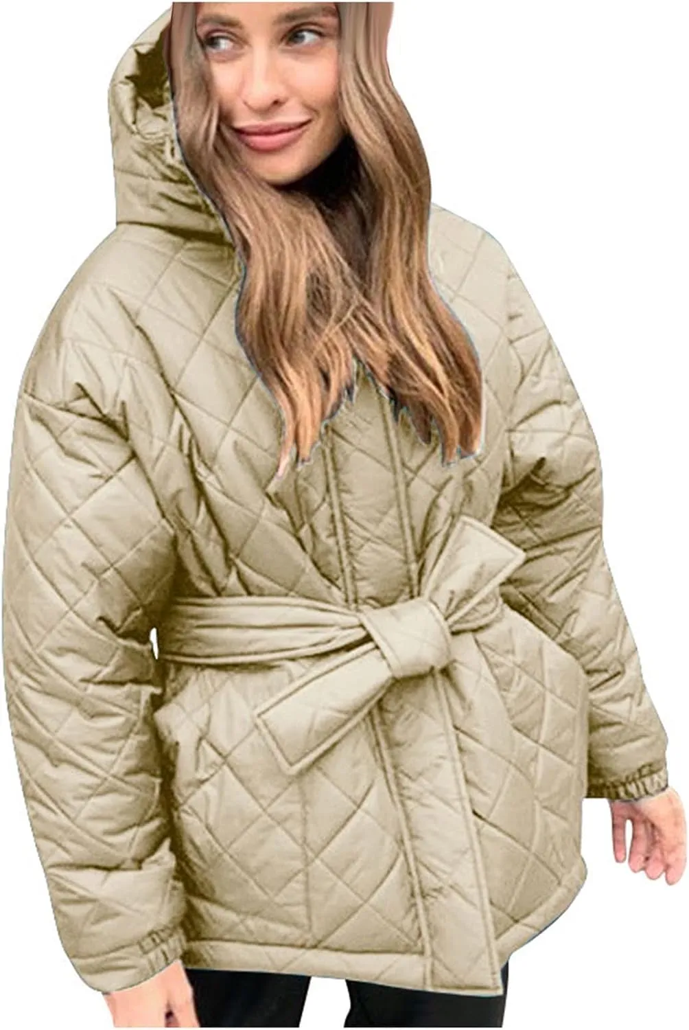 XUNRYAN Womens Quilted Lightweight Jackets Fashion Winter Warm Down Coats Puffer Parka Kimono Coat Anoraks Outerwear w Belt