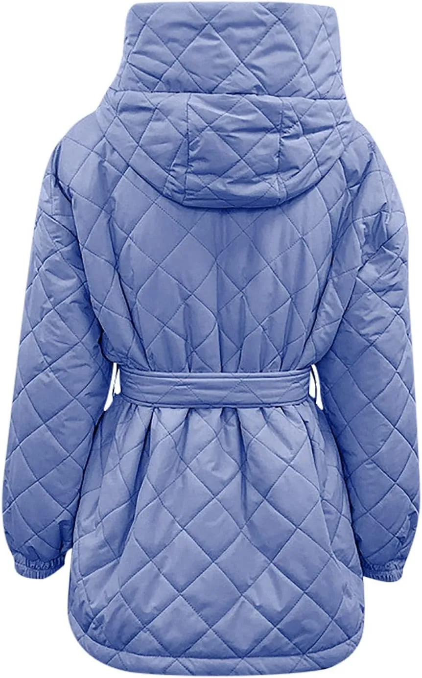 XUNRYAN Womens Quilted Lightweight Jackets Fashion Winter Warm Down Coats Puffer Parka Kimono Coat Anoraks Outerwear w Belt
