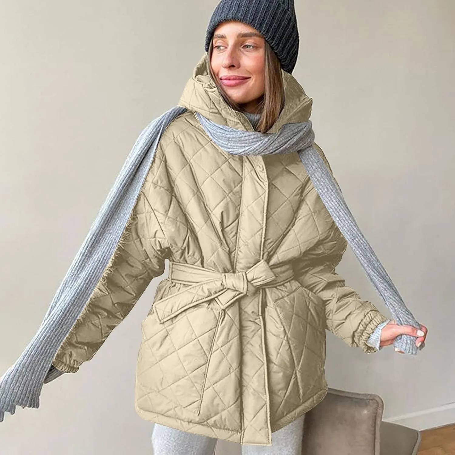 XUNRYAN Womens Quilted Lightweight Jackets Fashion Winter Warm Down Coats Puffer Parka Kimono Coat Anoraks Outerwear w Belt