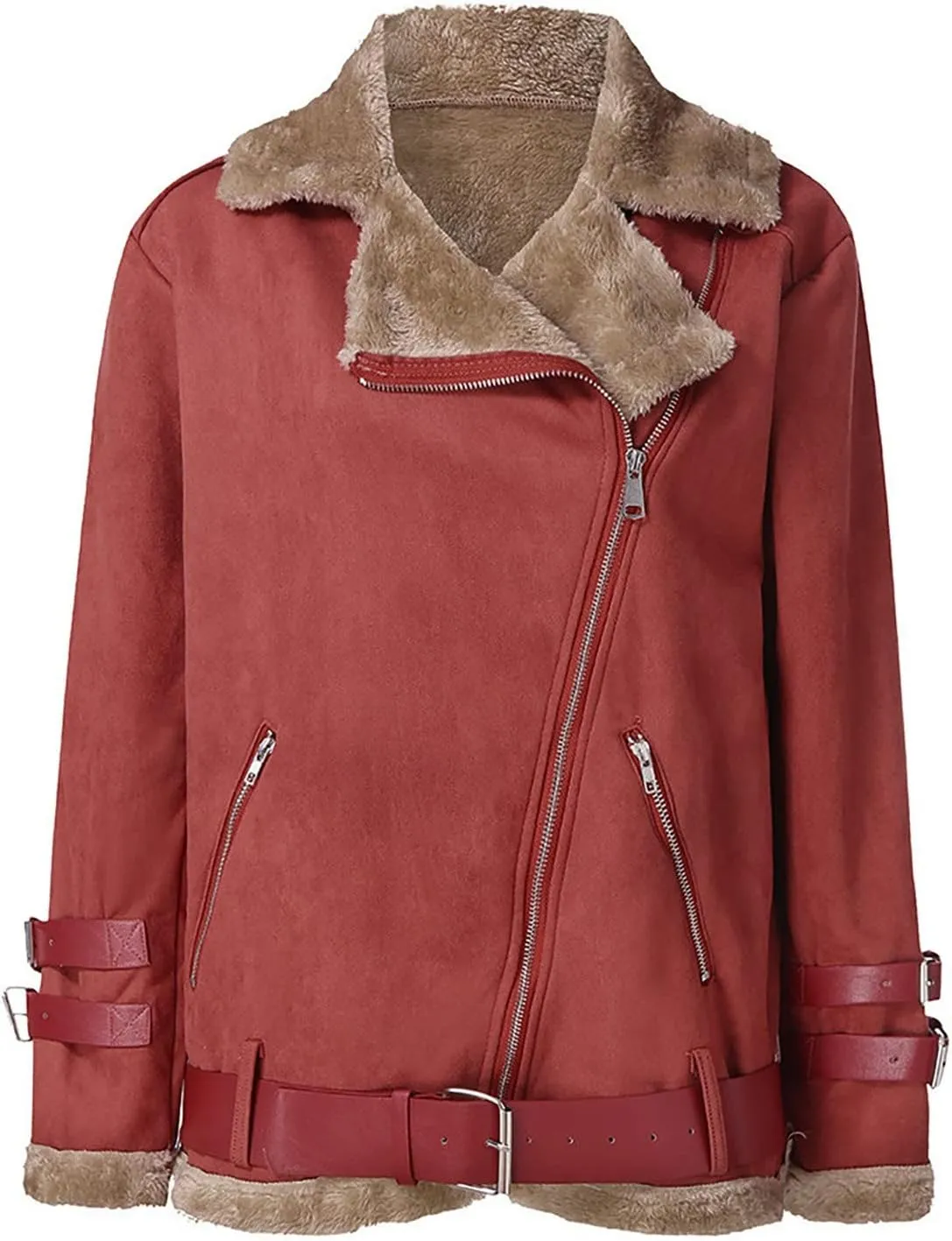 XUNRYAN Womens Suede Faux-Leather Sherpa Jackets Fashion Long Sleeve Fleece Coat Zip Up Lapel Motorcycle Short Slim Fit Coat