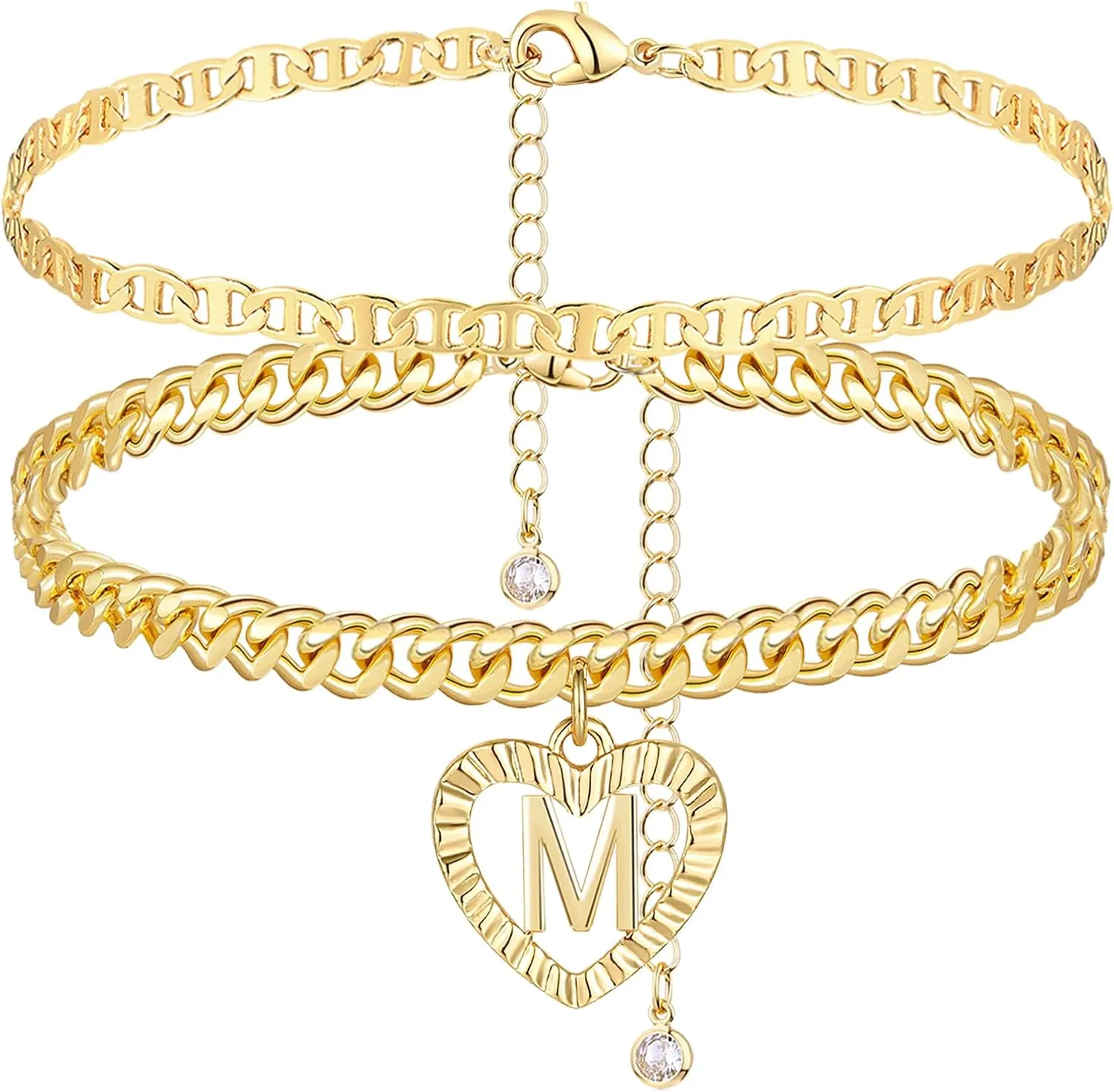 YANODA Initial Ankle Bracelets for Women, 14K Gold Plated Cuban Link Anklets Flat Mariner Link Anklets Handmade Layered Heart Ankle Bracelets Personalized Gifts for Women