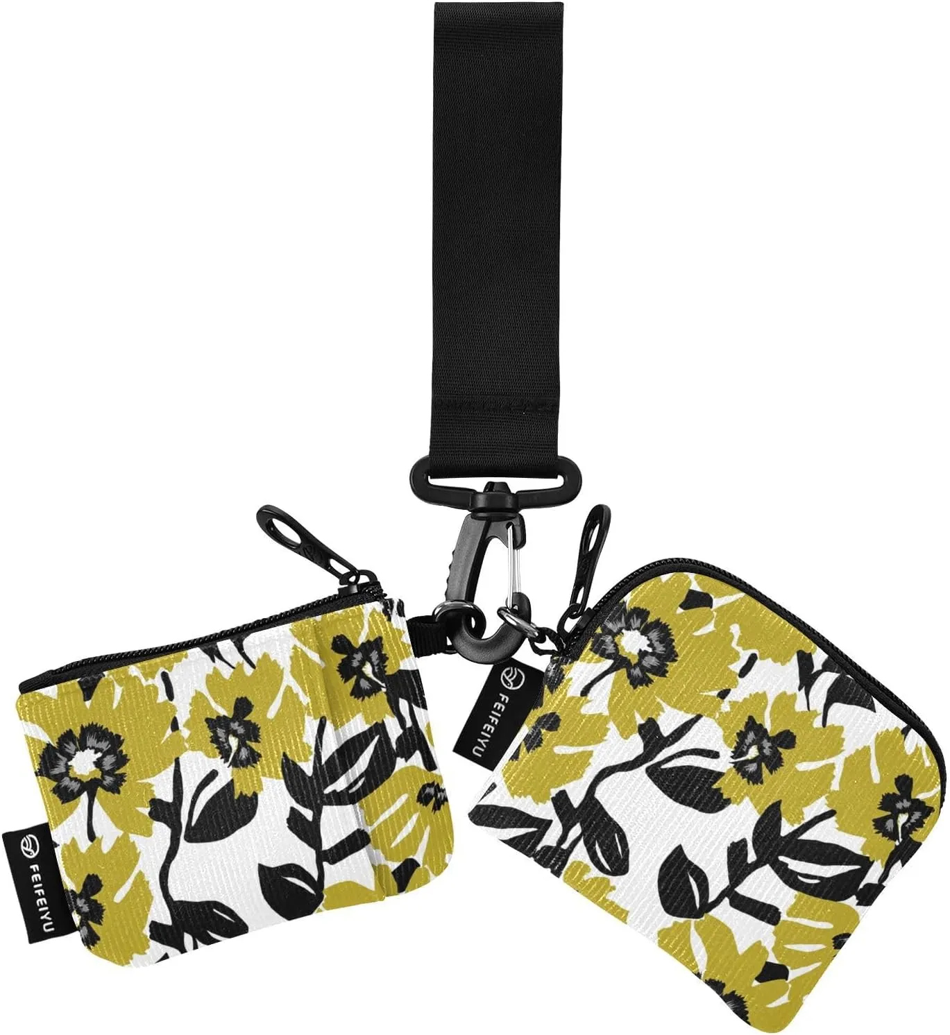Yellow Flowers 2PCS Coin Purse Wristlet Wallets Keychain Wallet Zip Around Portable Wallet with Detachable Dual Pouch