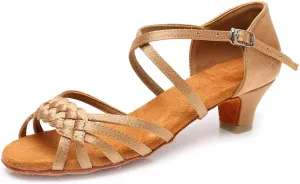 YKXLM Girls Latin Dance Shoes Kids Low Heels Tango Salsa Ballroom Practice Dance Shoes, 1208,Beige, 2 M Little Kid