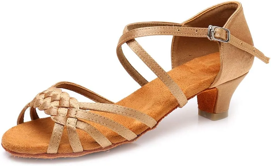 YKXLM Girls Latin Dance Shoes Kids Low Heels Tango Salsa Ballroom Practice Dance Shoes, 1208,Beige, 2 M Little Kid