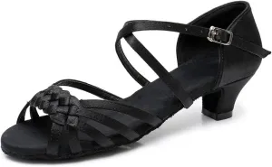 YKXLM Girls Latin Dance Shoes Kids Low Heels Tango Salsa Ballroom Practice Dance Shoes, 1208,Black,13.5 M Little Kid