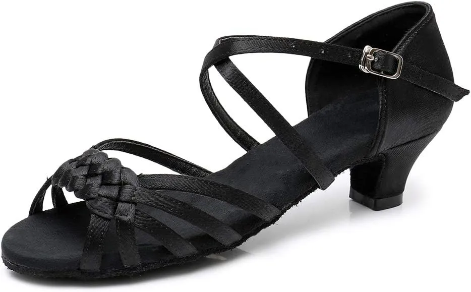 YKXLM Girls Latin Dance Shoes Kids Low Heels Tango Salsa Ballroom Practice Dance Shoes, 1208,Black,13.5 M Little Kid