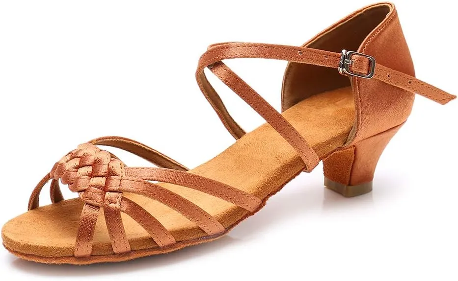 YKXLM Girls Latin Dance Shoes Kids Low Heels Tango Salsa Ballroom Practice Dance Shoes, 1208,Brown, 4.5 M Little Kid