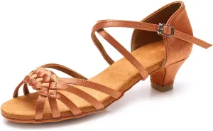 YKXLM Girls Latin Dance Shoes Kids Low Heels Tango Salsa Ballroom Practice Dance Shoes, 1208,Brown, 6 M Little Kid