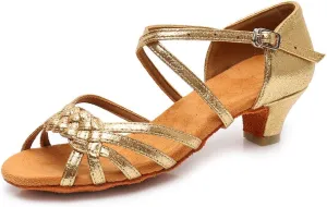 YKXLM Girls Latin Dance Shoes Kids Low Heels Tango Salsa Ballroom Practice Dance Shoes, 1208,Gold,11 M Little Kid