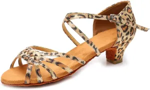 YKXLM Girls Latin Dance Shoes Kids Low Heels Tango Salsa Ballroom Practice Dance Shoes, 1208,Leopard, 3 M Little Kid