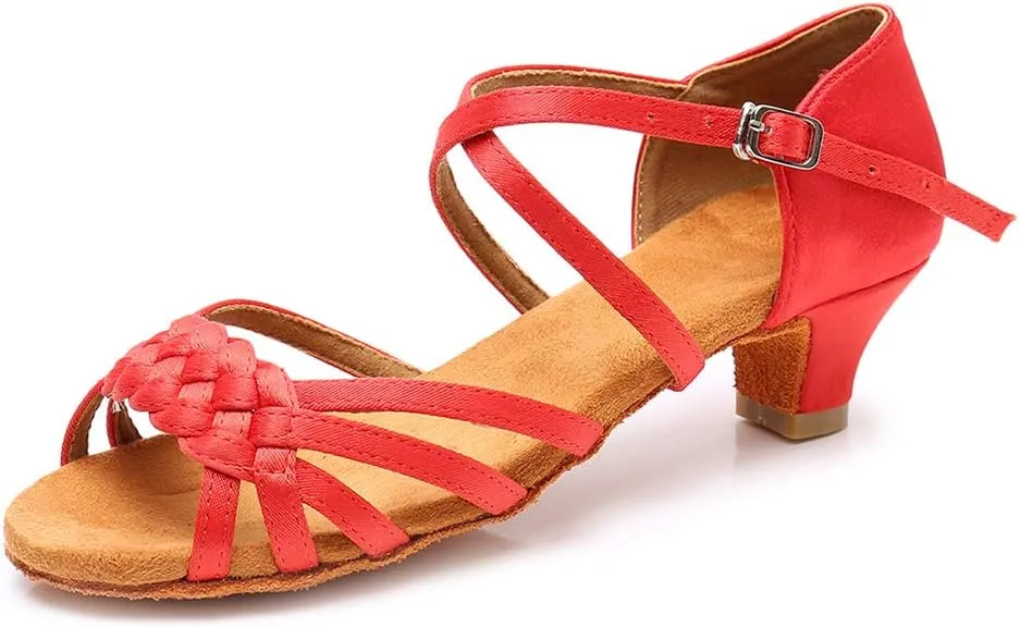 YKXLM Girls Latin Dance Shoes Kids Low Heels Tango Salsa Ballroom Practice Dance Shoes, 1208,Red, 2 M Little Kid