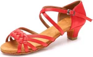 YKXLM Girls Latin Dance Shoes Kids Low Heels Tango Salsa Ballroom Practice Dance Shoes, 1208,Red, 5 M Little Kid