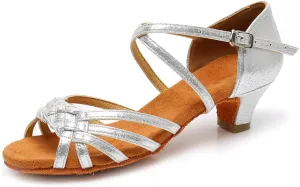 YKXLM Girls Latin Dance Shoes Kids Low Heels Tango Salsa Ballroom Practice Dance Shoes, 1208,Silver,1 M Little Kid