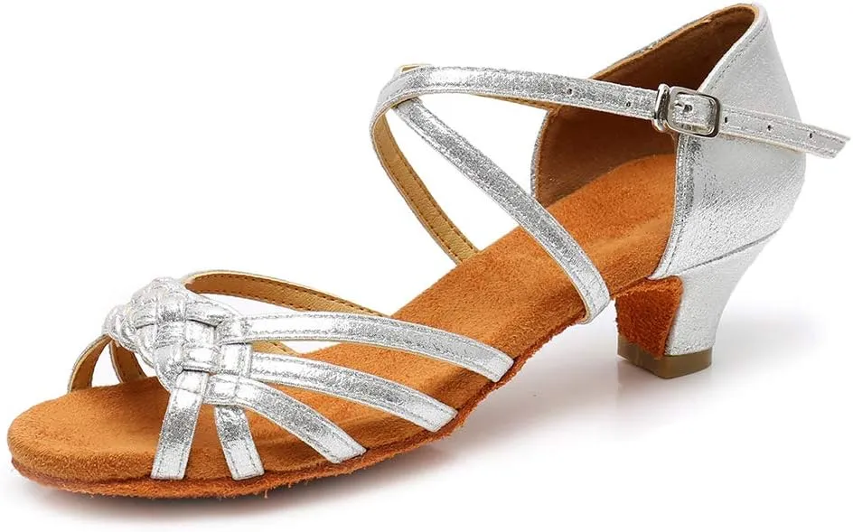 YKXLM Girls Latin Dance Shoes Kids Low Heels Tango Salsa Ballroom Practice Dance Shoes, 1208,Silver,12.5 M Little Kid
