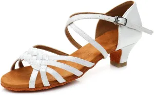 YKXLM Girls Latin Dance Shoes Kids Low Heels Tango Salsa Ballroom Practice Dance Shoes, 1208,White,13 M Little Kid