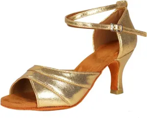 YKXLM Gold Shiny Leather Latin Shoes Ballroom Dance Shoes Women Dance Heels Salsa Shoes Model WH803,Gold,5 US