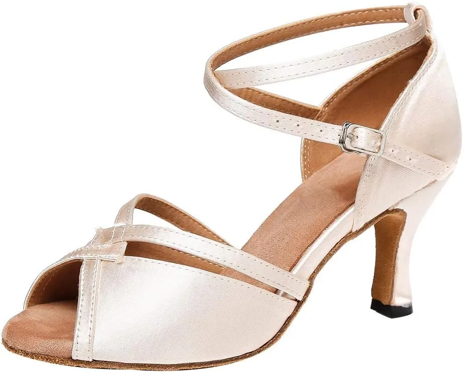 YKXLM Latin Ballroom Dance Shoes for Women Practice Dance Heels Performance Party Dance Shoes Peep-Toe, Beige-8 Heel-7 US