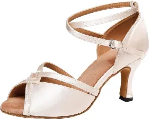 YKXLM Latin Ballroom Dance Shoes for Women Practice Dance Heels Performance Party Dance Shoes Peep-Toe, Beige-8 Heel-7 US