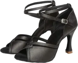 YKXLM Latin Ballroom Dance Shoes for Women Practice Dance Heels Performance Party Dance Shoes Peep-Toe, Black-8.5 Heel-6.5 US