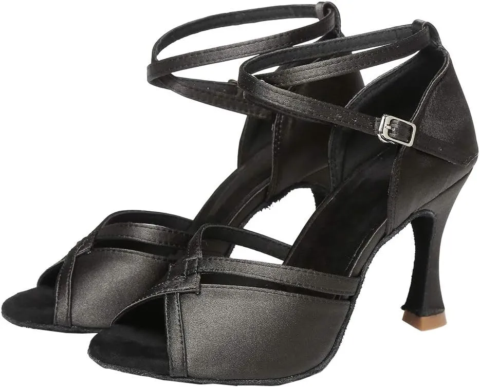 YKXLM Latin Ballroom Dance Shoes for Women Practice Dance Heels Performance Party Dance Shoes Peep-Toe, Black-8.5 Heel-7.5 US