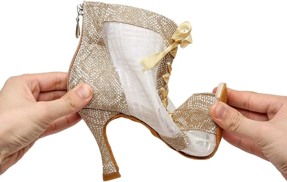 YKXLM Peep Toe Dancing Boots Women Latin Ballroom Ankle Dance Shoes Professional Latin Dance Heels with Zipper and Drawstring,Model YCL437
