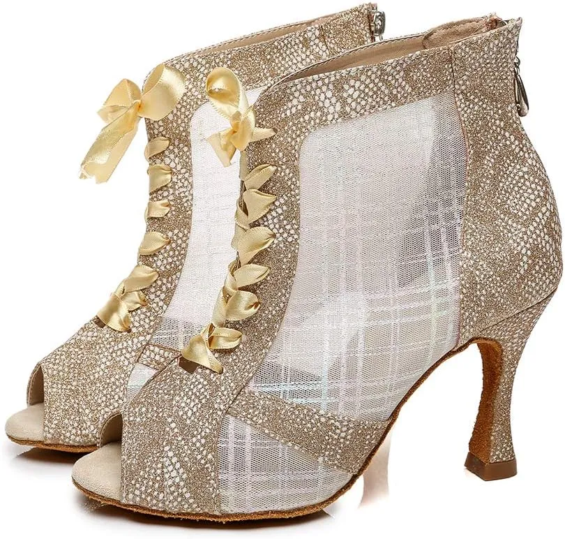 YKXLM Peep Toe Dancing Boots Women Latin Ballroom Ankle Dance Shoes Professional Latin Dance Heels with Zipper and Drawstring,Model YCL437