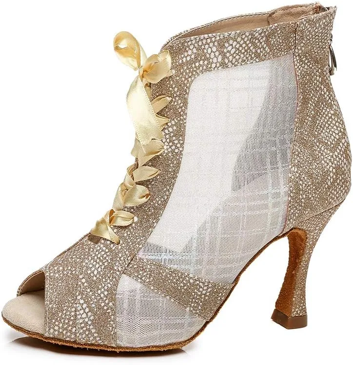YKXLM Peep Toe Dancing Boots Women Latin Ballroom Ankle Dance Shoes Professional Latin Dance Heels with Zipper and Drawstring,Model YCL437