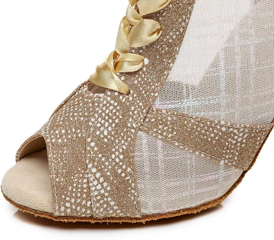 YKXLM Peep Toe Dancing Boots Women Latin Ballroom Ankle Dance Shoes Professional Latin Dance Heels with Zipper and Drawstring,Model YCL437