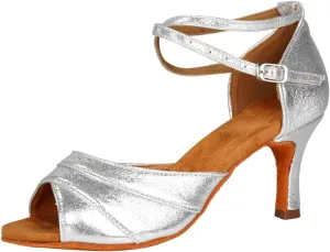 YKXLM Silver Shiny Leather Latin Shoes Ballroom Dance Shoes Women Dance Heels Salsa Shoes Model WH803,Silver,8 US